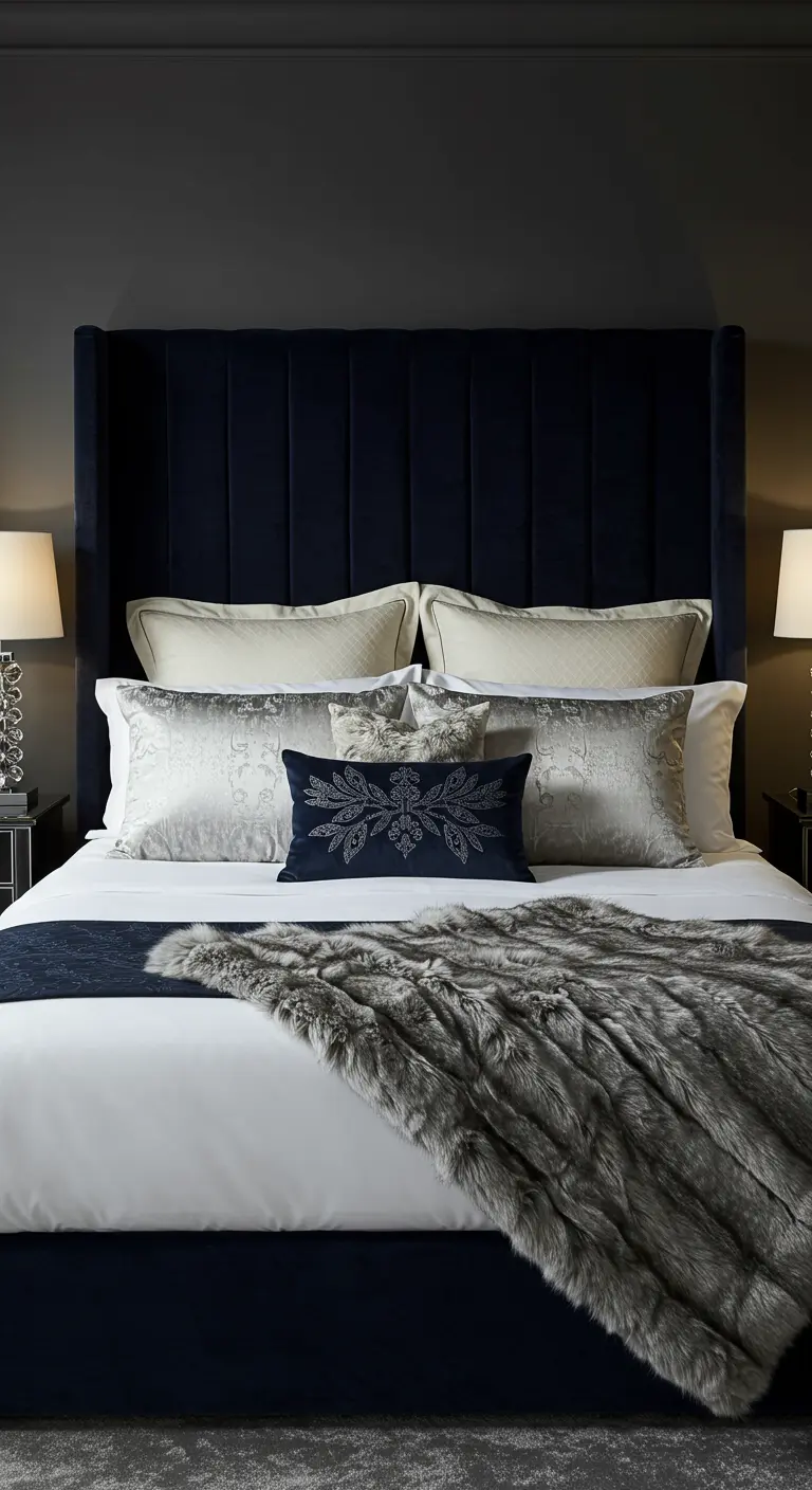 Luxe opgemaakt bed met donkerblauw hoofdbord en diverse sierkussens.