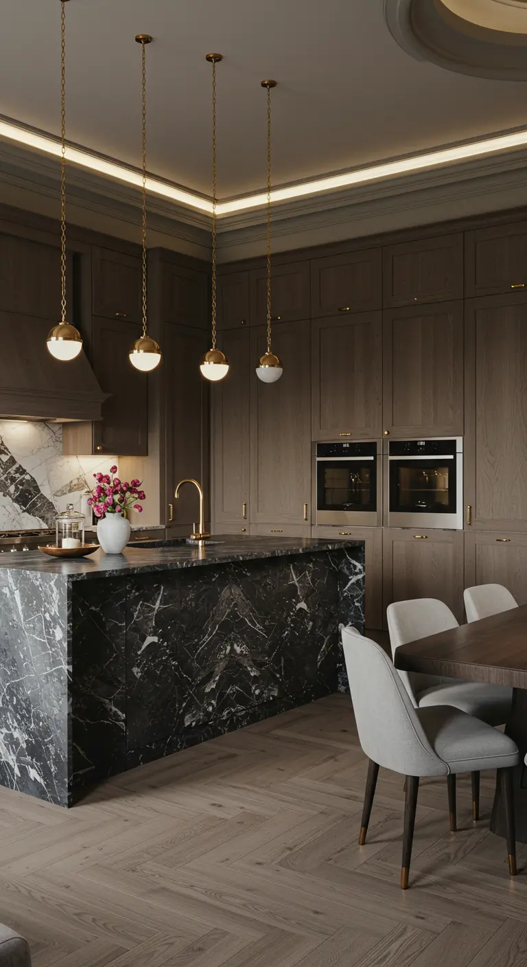 Luxe donkere open keuken met marmeren eiland en gouden hanglampen.