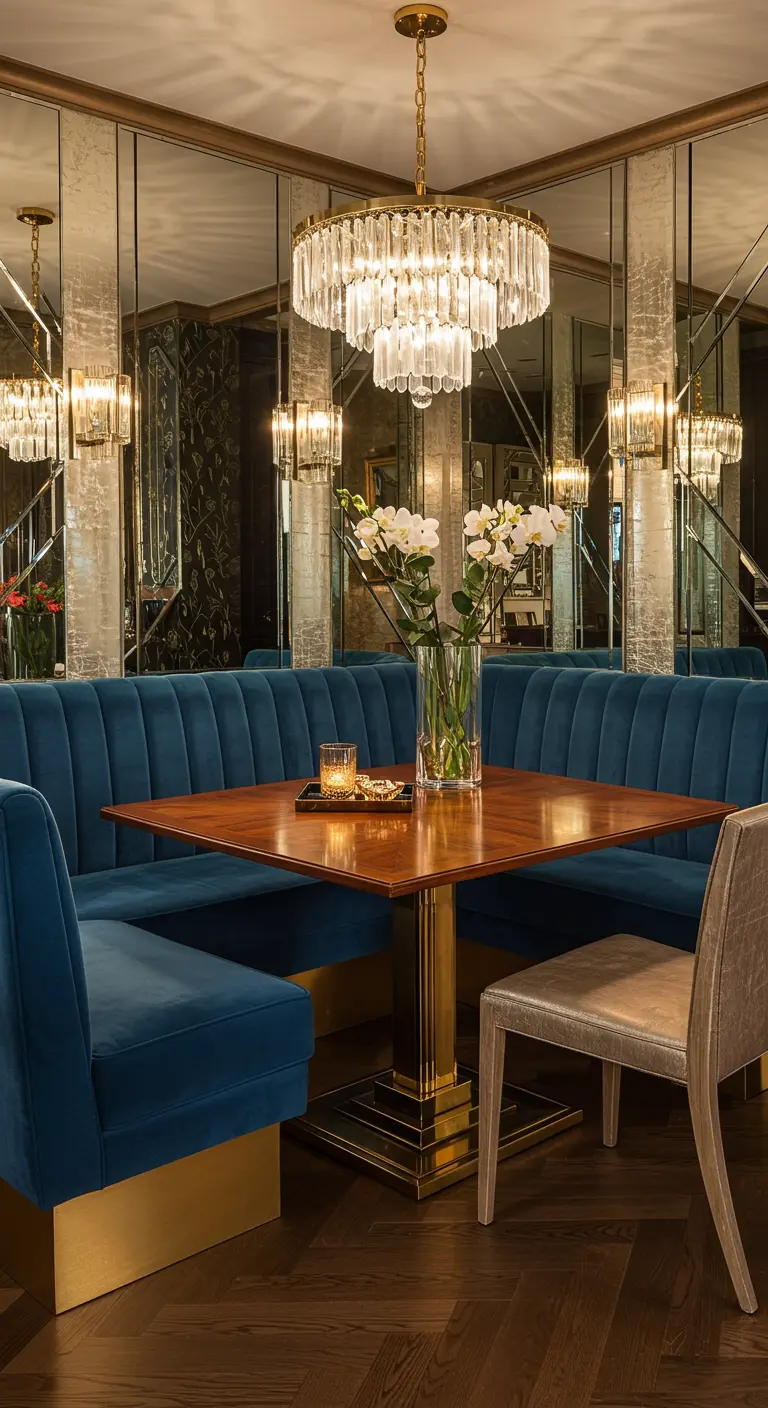 Luxe eethoek met diepblauwe velvet banken, gouden accenten en kroonluchter.