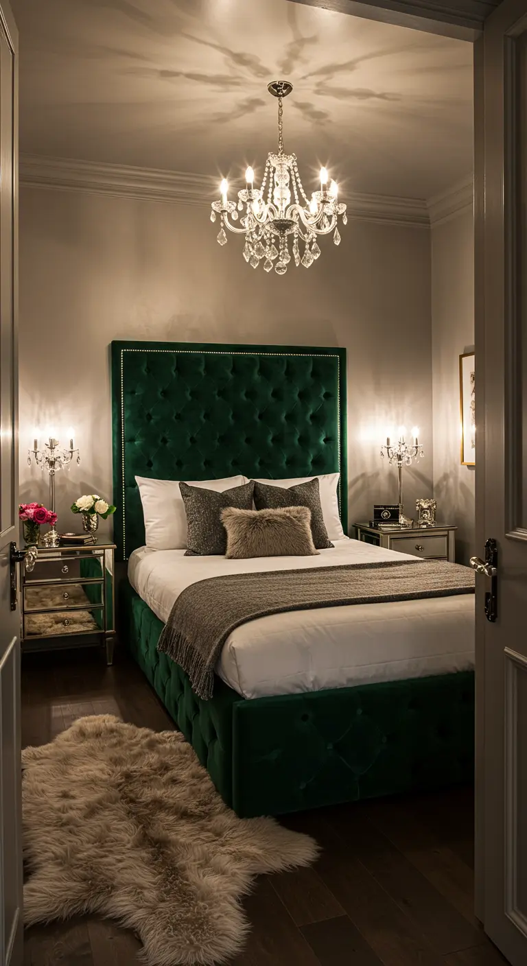 Luxe slaapkamer met donkergroen fluwelen bed, kroonluchter en spiegelende nachtkastjes.