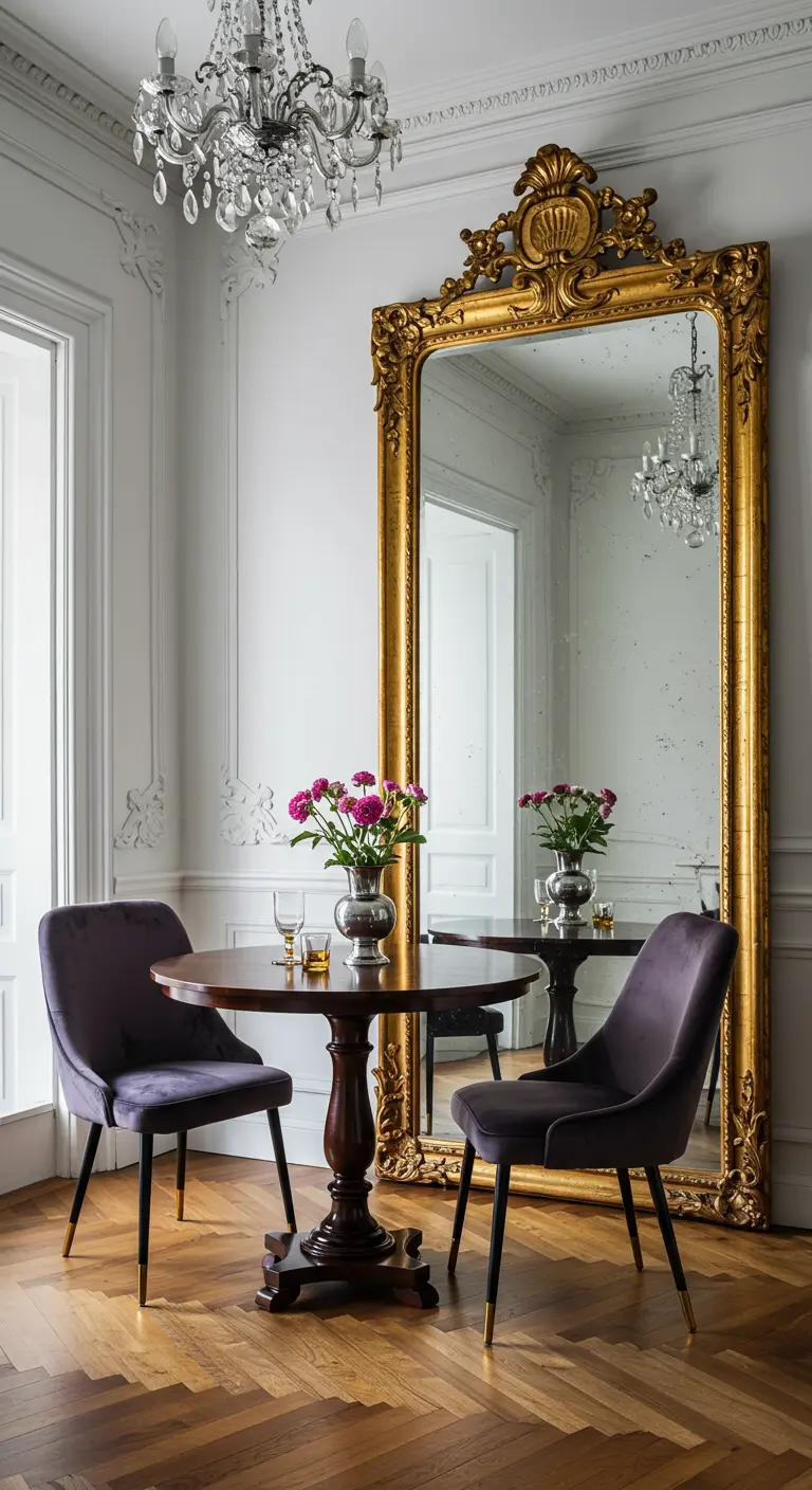 Luxueuze eethoek met een enorme barokke gouden spiegel, donkere ronde tafel en fluwelen stoelen.