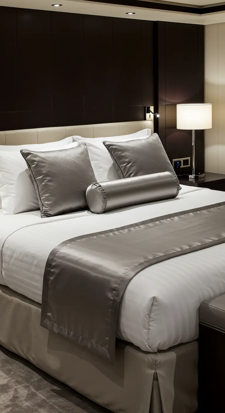 Hotel chique bed met wit beddengoed, grijze satijnen bedloper en kussens.