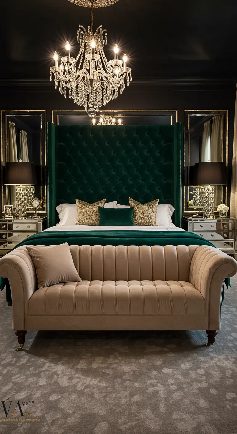 Luxe slaapkamer met donkergroen fluwelen hoofdbord en een beige fluwelen sofa aan voeteneind.