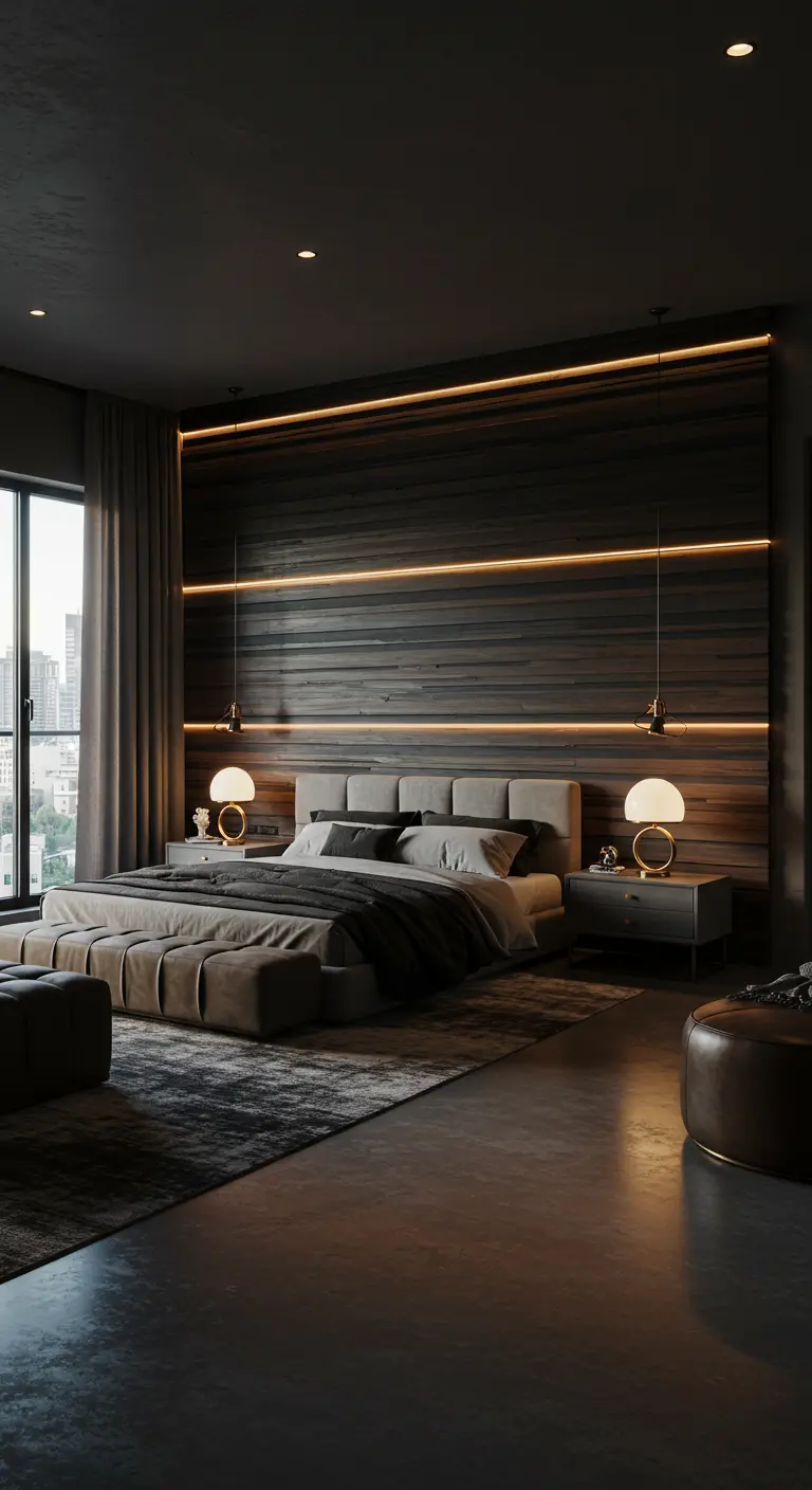 Donkere houten lattenwand met horizontale LED-verlichting in luxe slaapkamer.