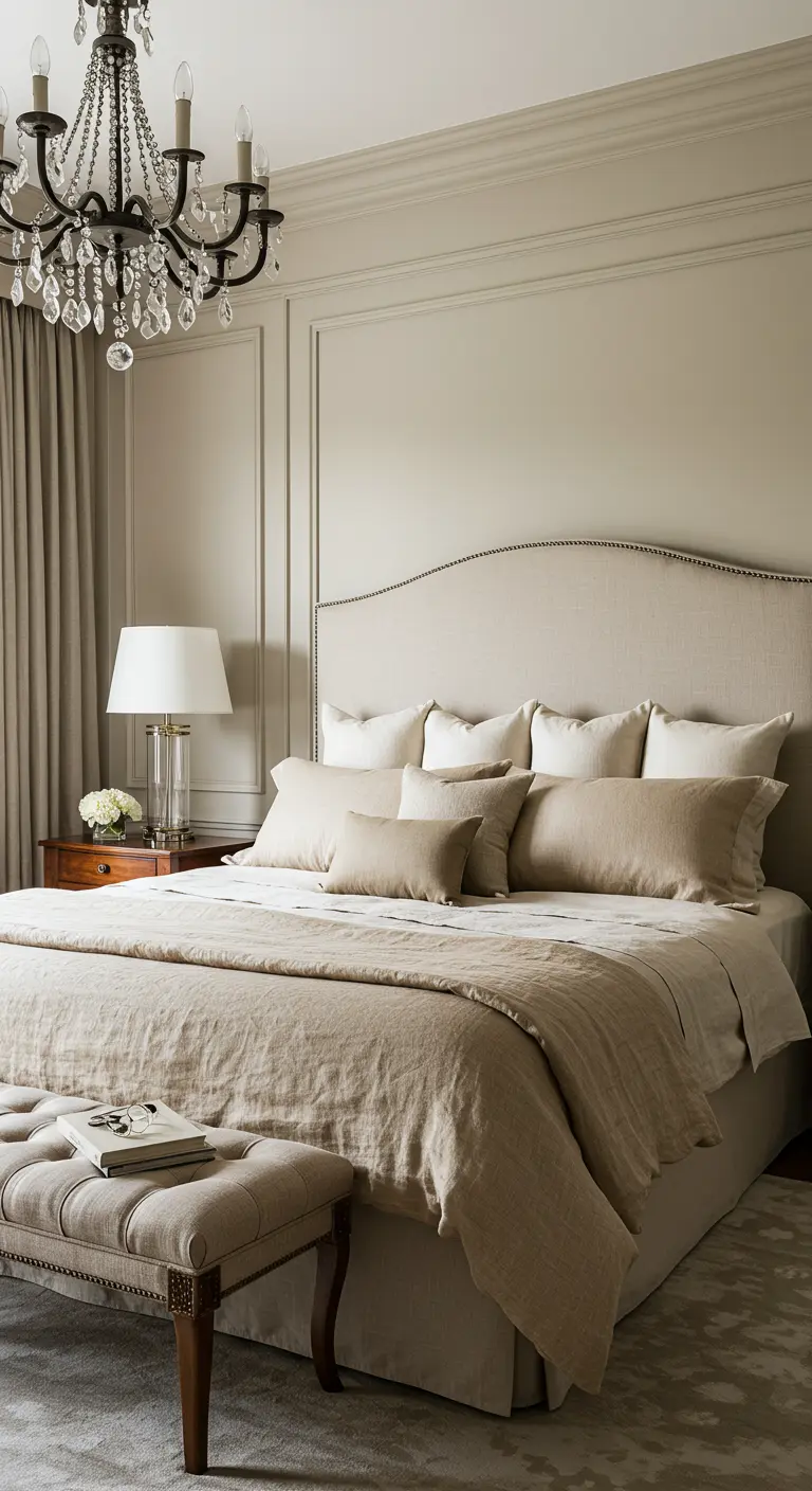 Luxe slaapkamer met beige muren, gestoffeerd hoofdbord, linnen beddengoed en kristallen kroonluchter.