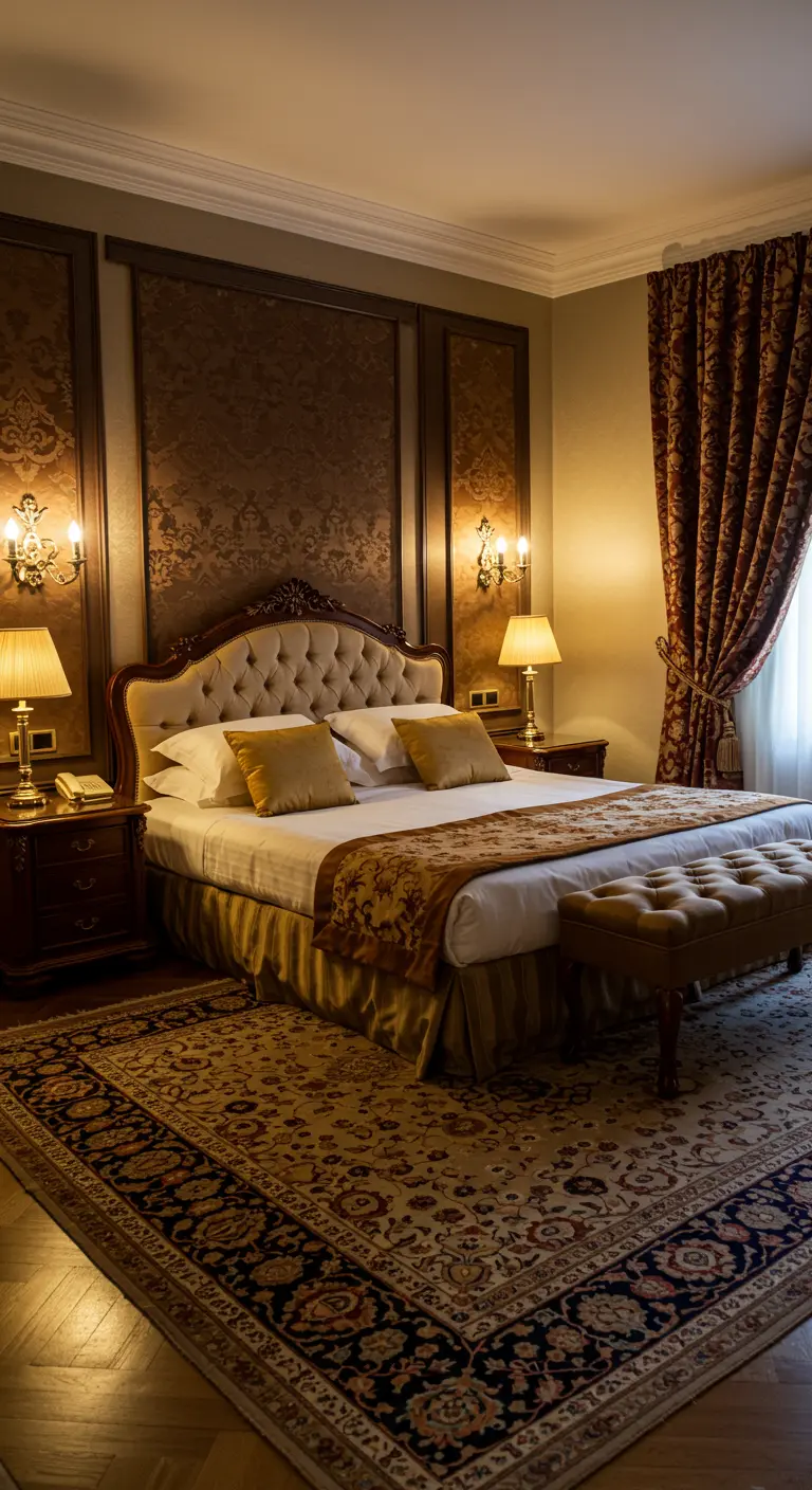 Klassieke hotelslaapkamer met wandlampen en een staande lamp.