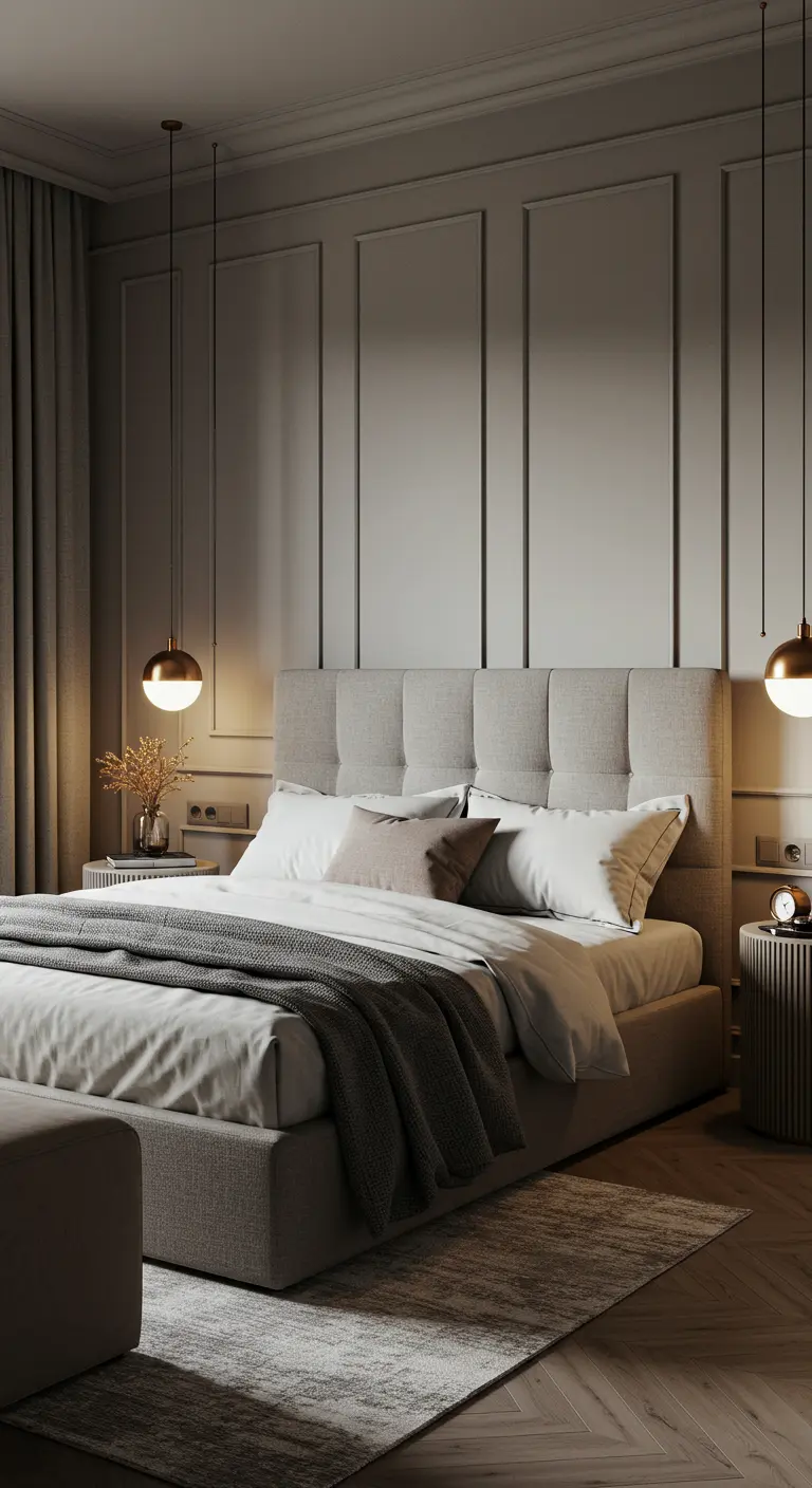 Moderne, chique slaapkamer met wandpanelen en symmetrische hanglampen naast het bed.