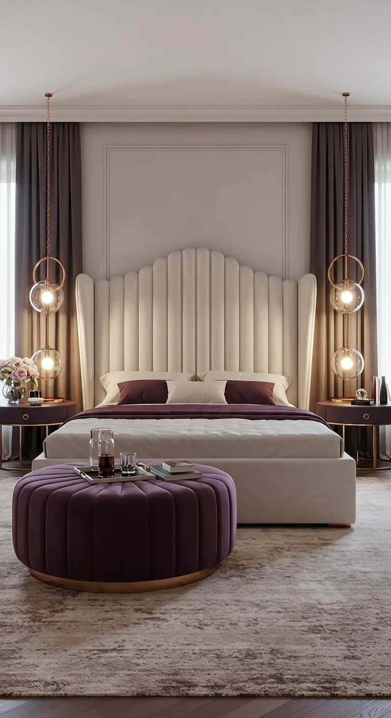 Luxe slaapkamer met grote paarse ronde poef en ronde glazen hanglampen.