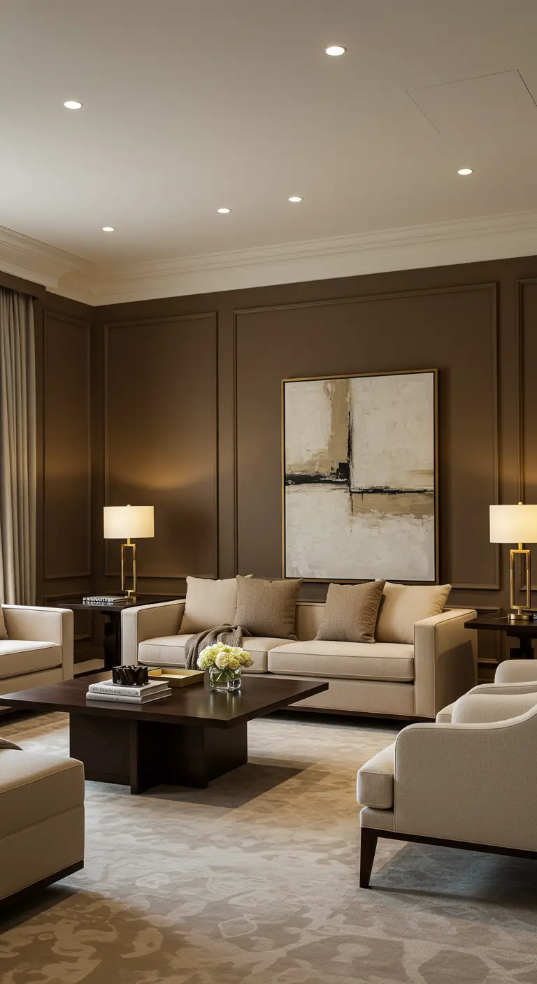 Luxe woonkamer met donkerbruine ondermuur en beige bovenmuur, hotel chique stijl.