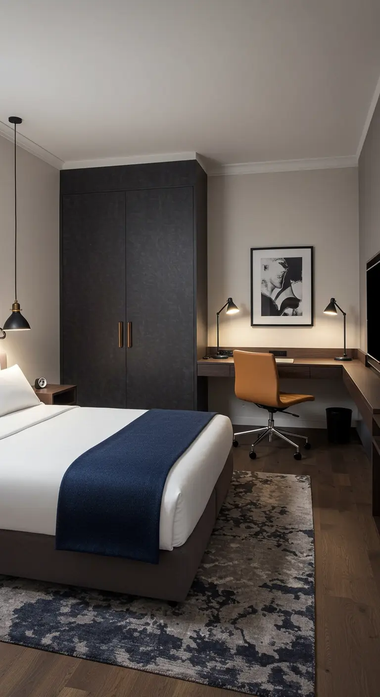 Slaapkamer met geïntegreerd bureau in donkere kastenwand, chique bureaustoel en blauwe accenten.