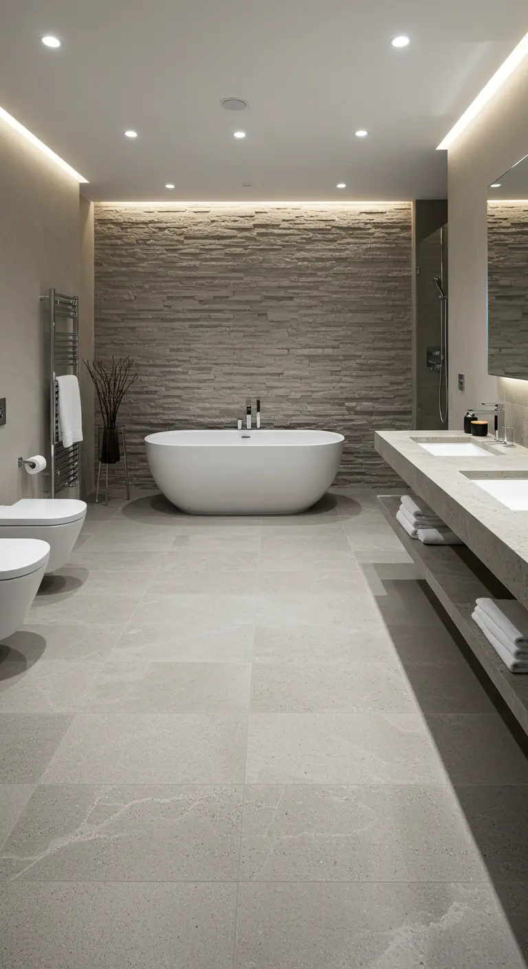 Moderne badkamer met grote grijze vloertegels en accentwand met natuursteenstrips.