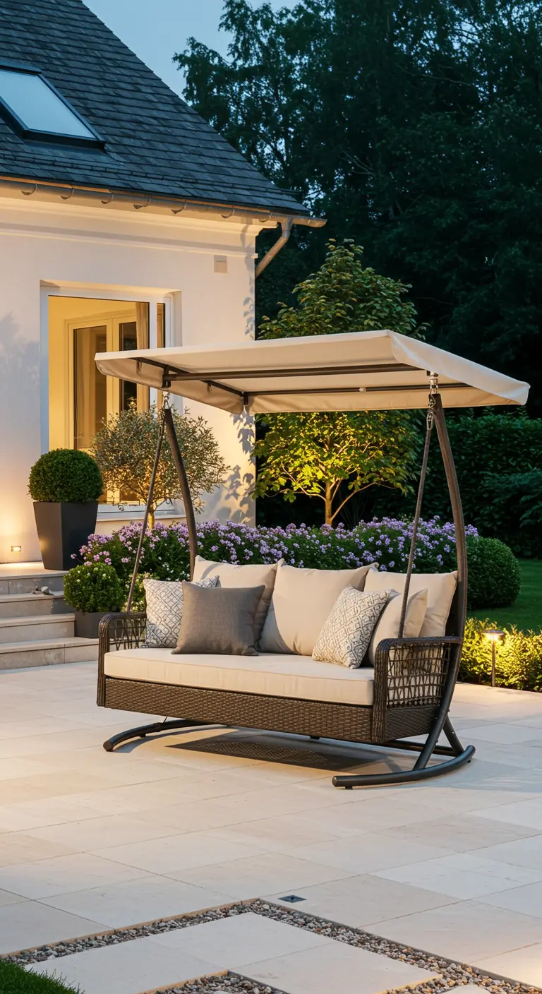 Elegante geweven schommelbank met luifel en neutrale kussens op een tegelterras met sfeerverlichting.