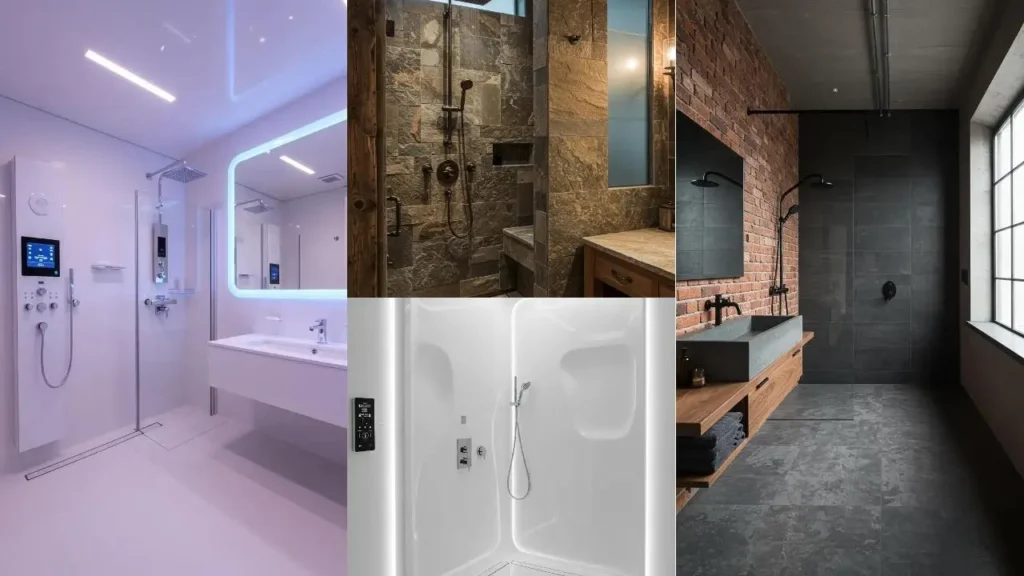 Collage van diverse, stijlvolle en sfeervolle doucheruimtes; van modern tot industrieel, voor een echt hotelgevoel.