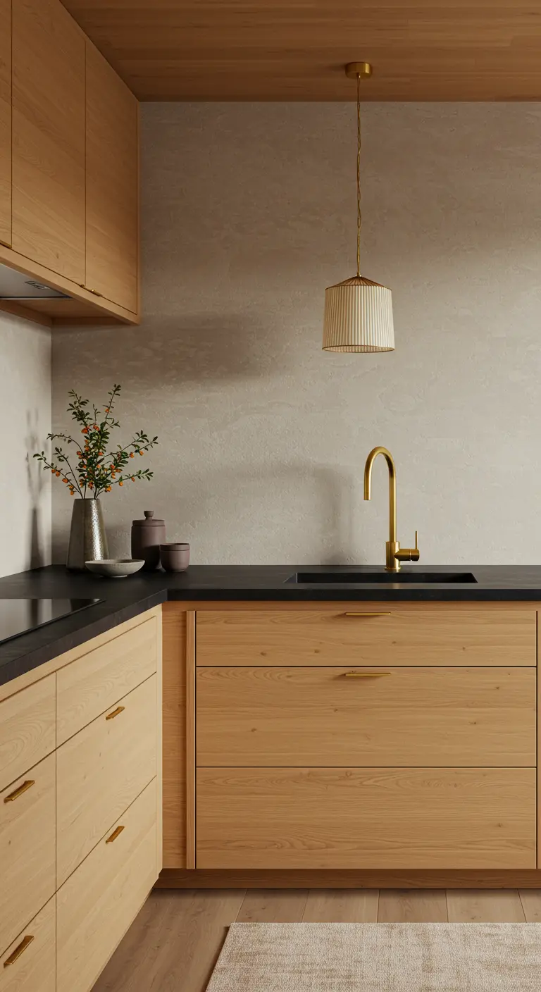 Houten keuken met donker betonlook werkblad, messing kraan, handgrepen en stoffen hanglamp.