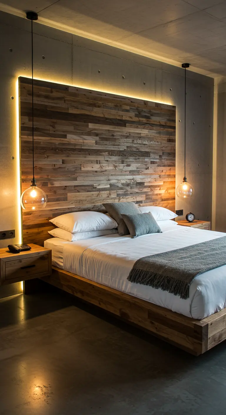 Modern bed met houten latten hoofdbord en LED-verlichting, geflankeerd door hanglampen.