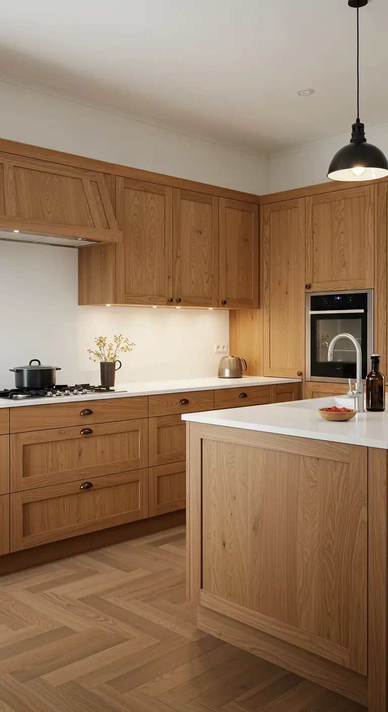 Moderne Scandinavische keuken met veel hout, wit blad en visgraatvloer.