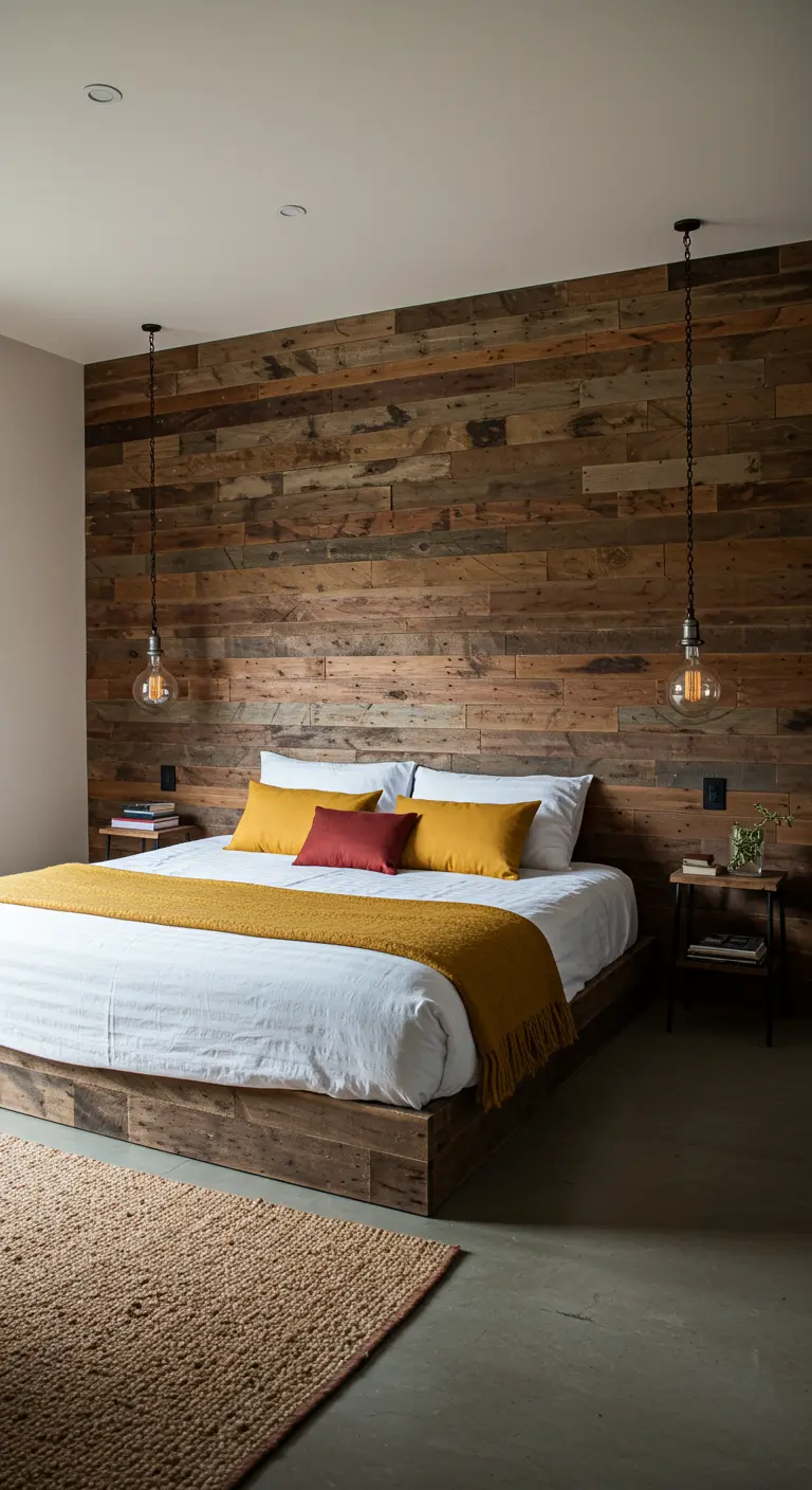 Slaapkamer met houten accentmuur en gele en rode kussens.