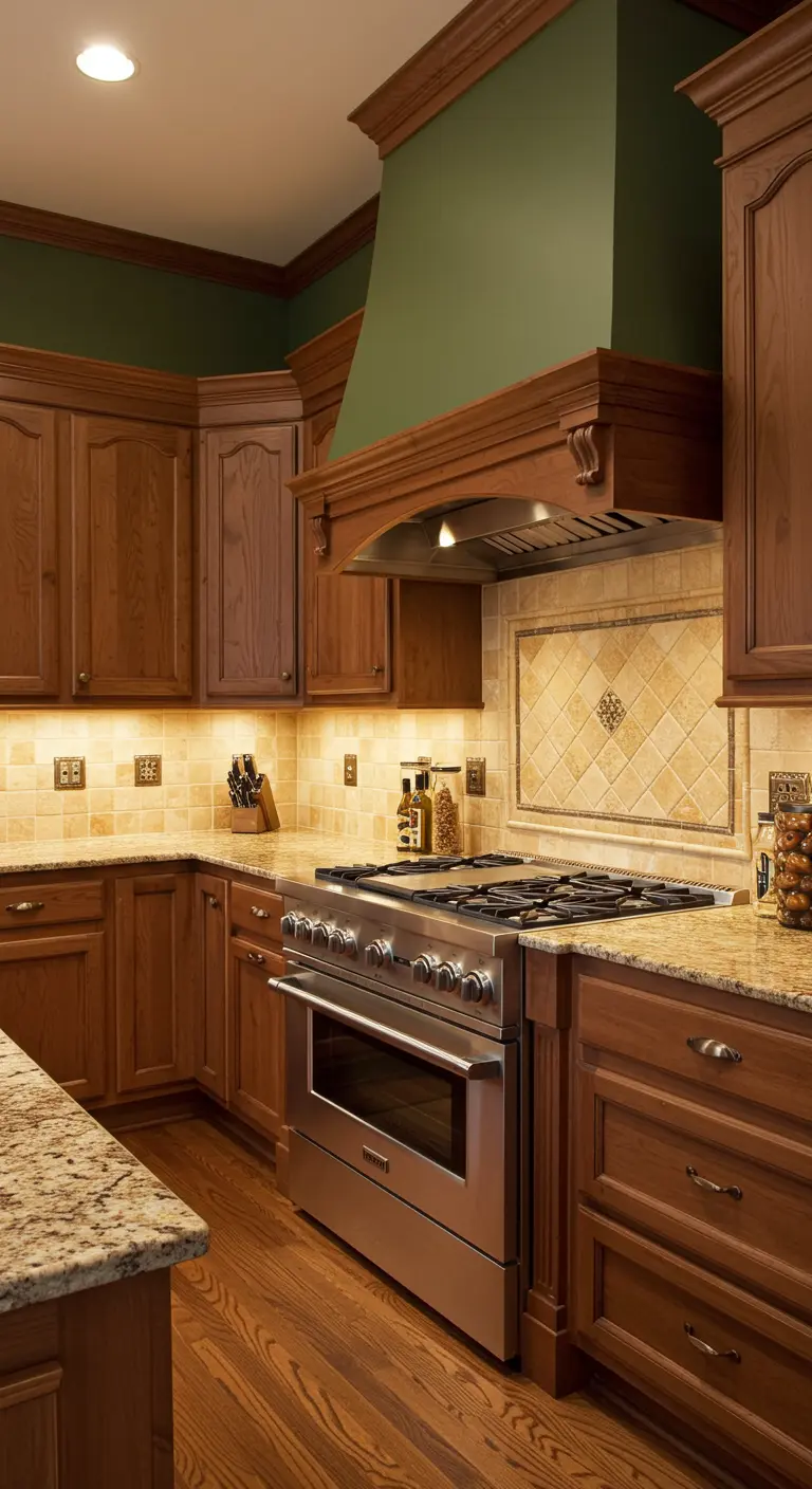 Traditionele houten keuken met mosgroene accentmuur en beige tegels.