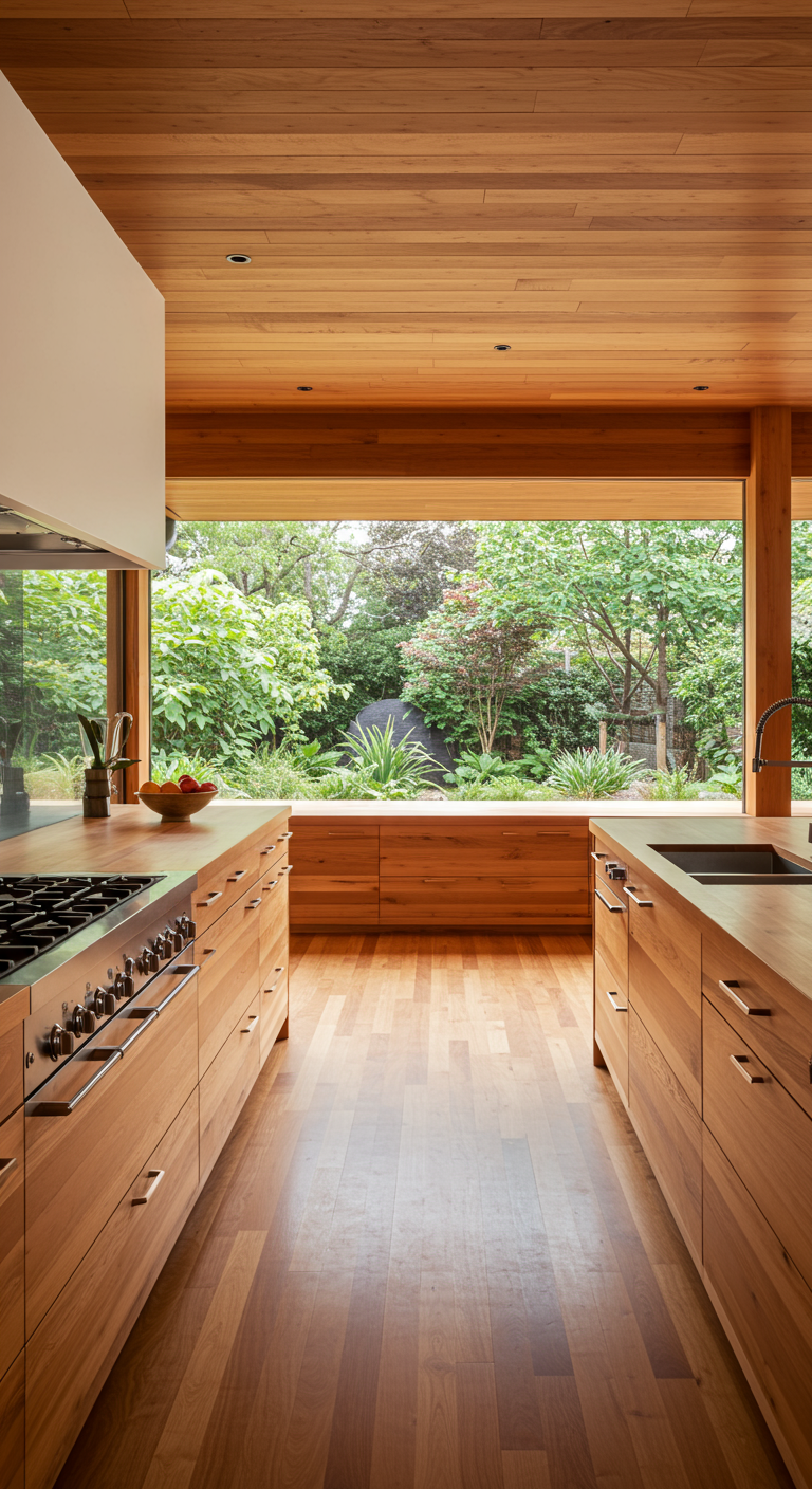 Moderne keuken volledig van hout met groot raam naar de tuin.