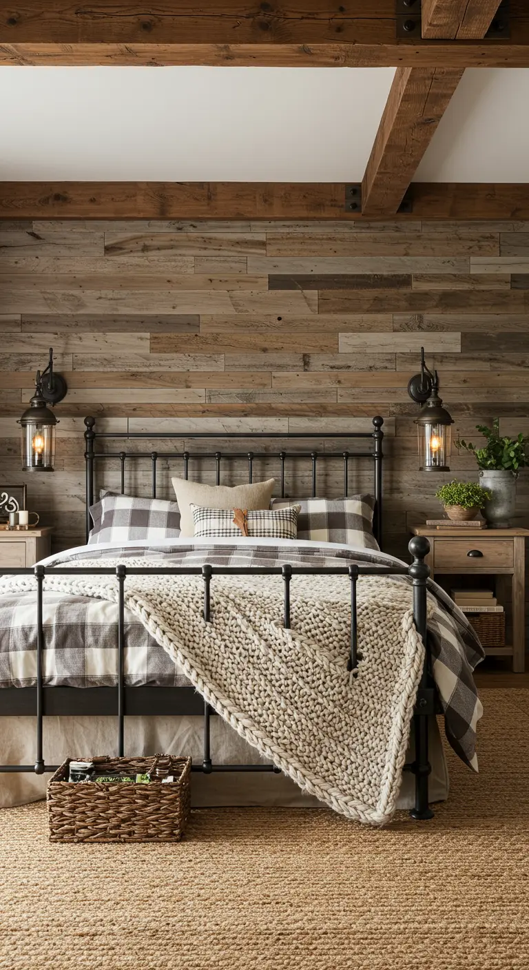 Rustieke slaapkamer met een accentmuur van houten planken achter het bed.