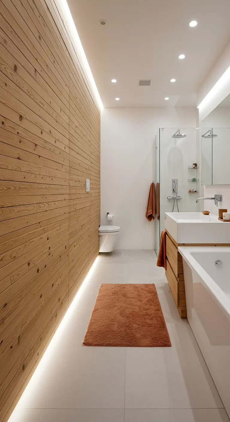Badkamer met houten lattenwand en indirecte LED-verlichting.