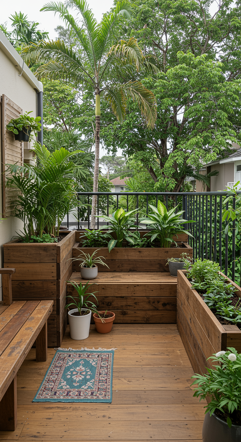 Balkon met houten vlonder, houten banken gecombineerd met plantenbakken vol tropische planten.