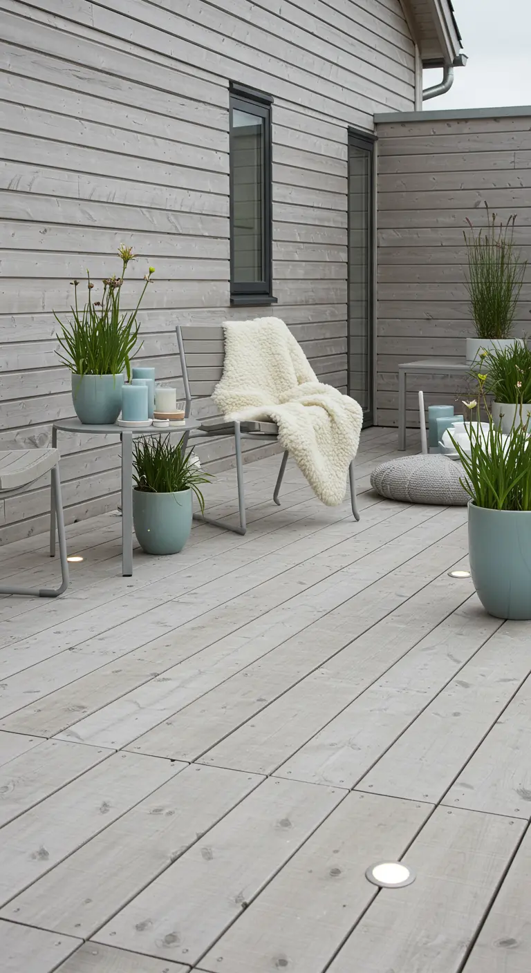 Houten vlonder met grijze tuinstoelen, pastelblauwe bloempotten en inbouwverlichting.