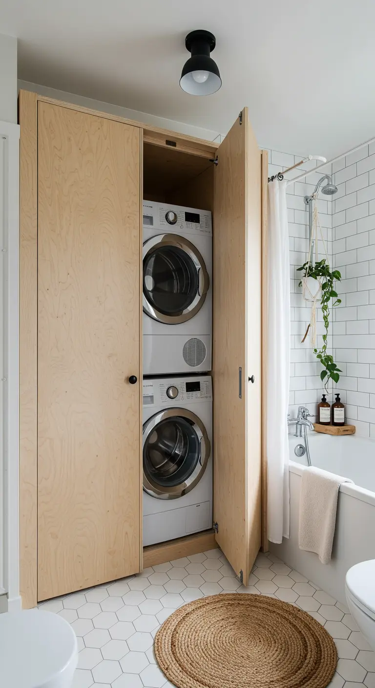 Gestapelde wasmachine en droger in een lichte houten inbouwkast met gesloten deuren.