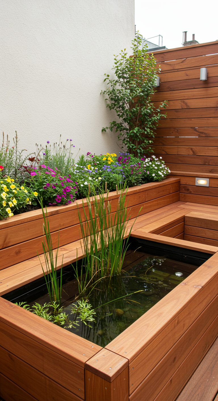 Minivijver ingebouwd in een houten terrasconstructie met zitbanken en bloembakken.