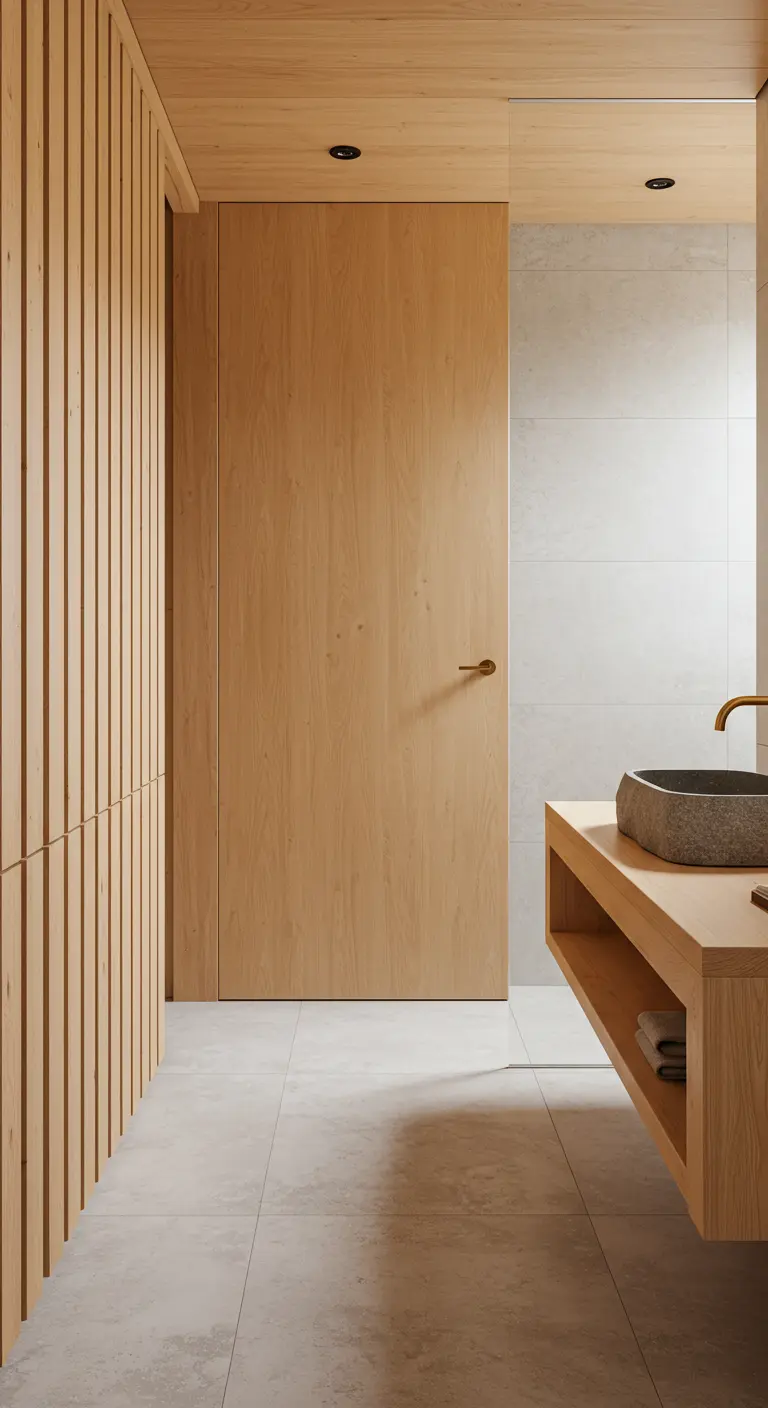 Badkamer met houten panelen en een enkele gouden deurklink