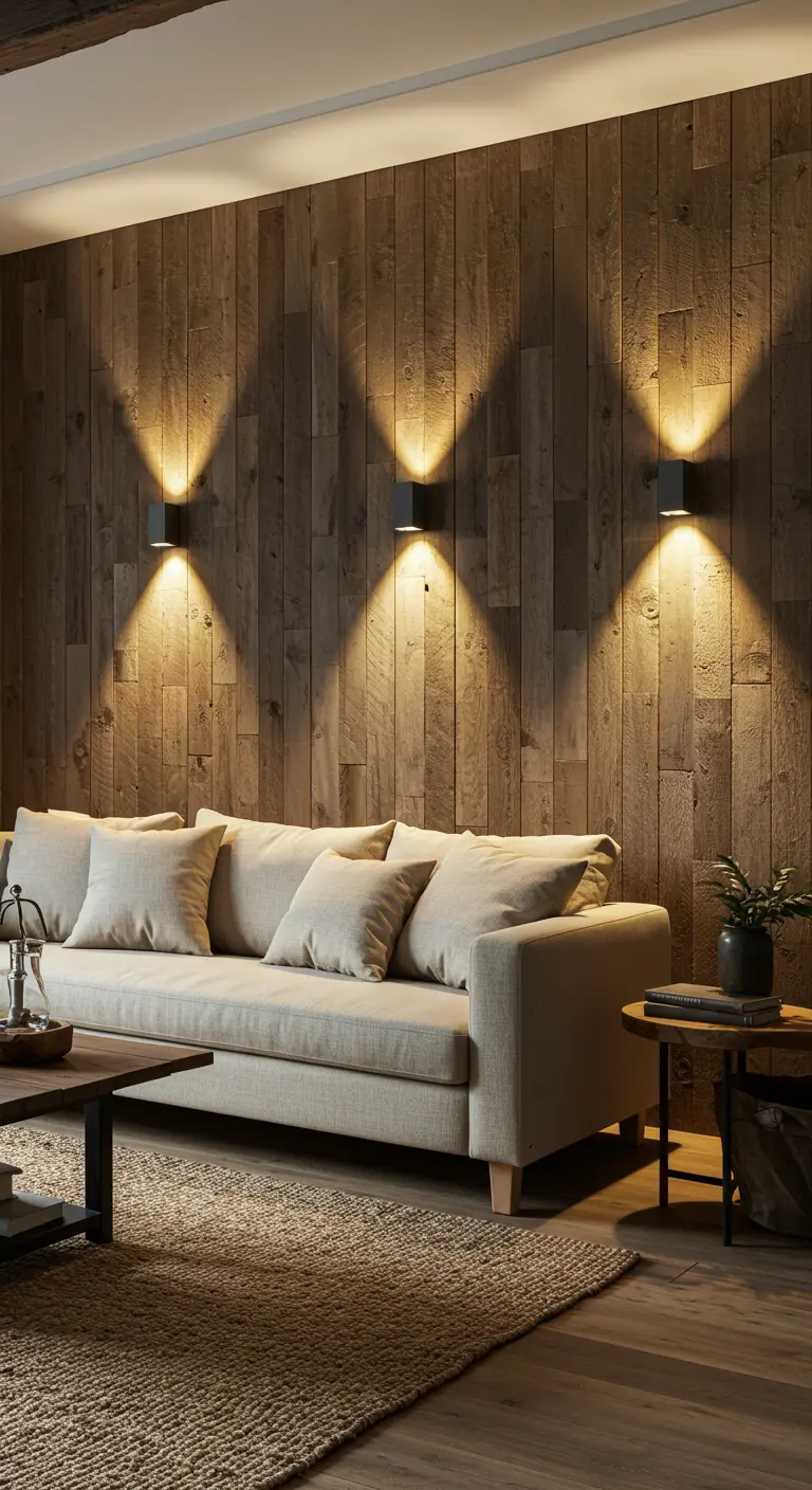 Moderne woonkamer met een donkerhouten accentwand, verlicht door drie kubusvormige up-down wandlampen.