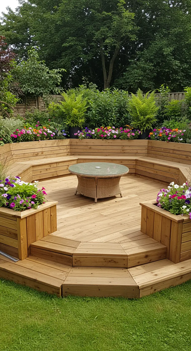 Houten achthoekige zithoek met ingebouwde banken, een ronde houten tafel en geïntegreerde bloembakken.
