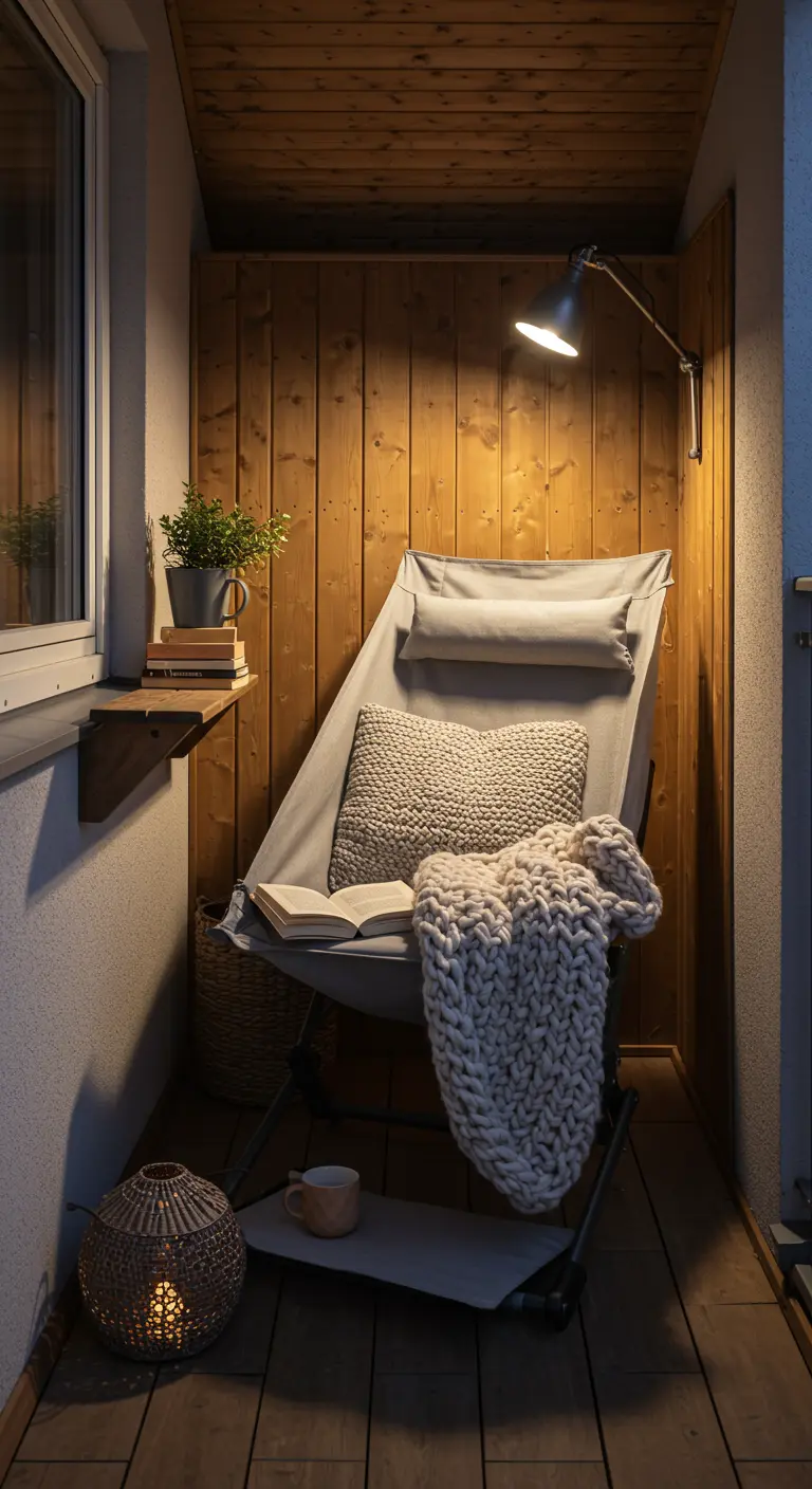 Knus balkonhoekje met houten wand, grijze loungestoel, plaid en leeslamp.