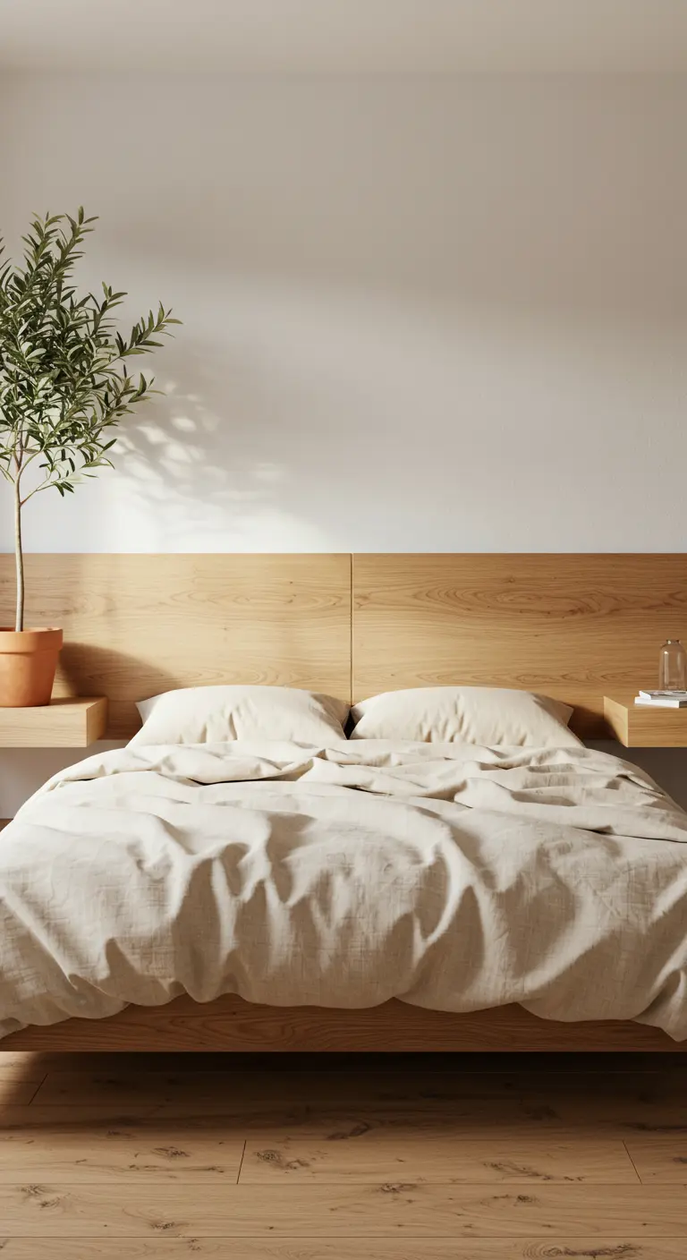 Slaapkamer met een breed houten hoofdbord met geïntegreerde zwevende nachtplankjes.
