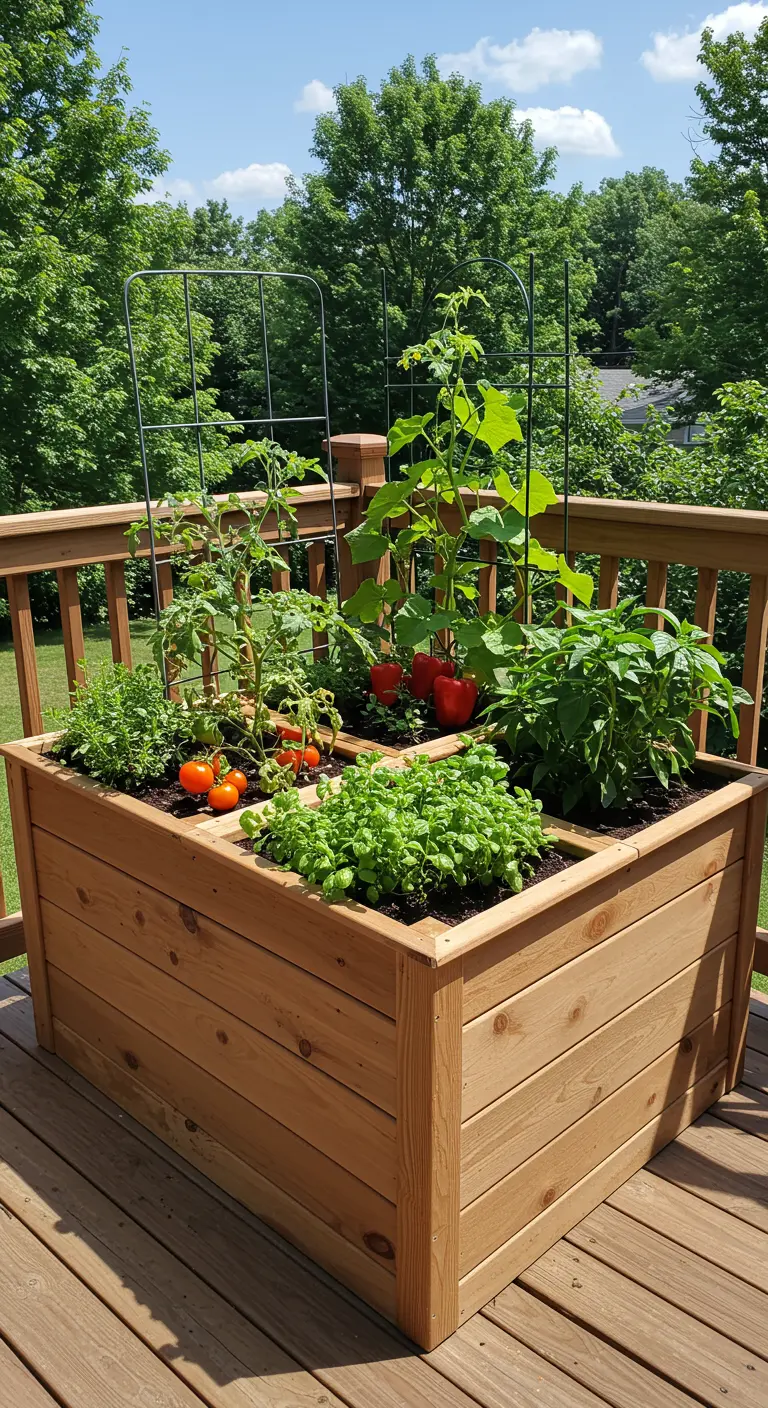Grote vierkante houten verhoogde plantenbak op een terras, vol met diverse groenten en kruiden.