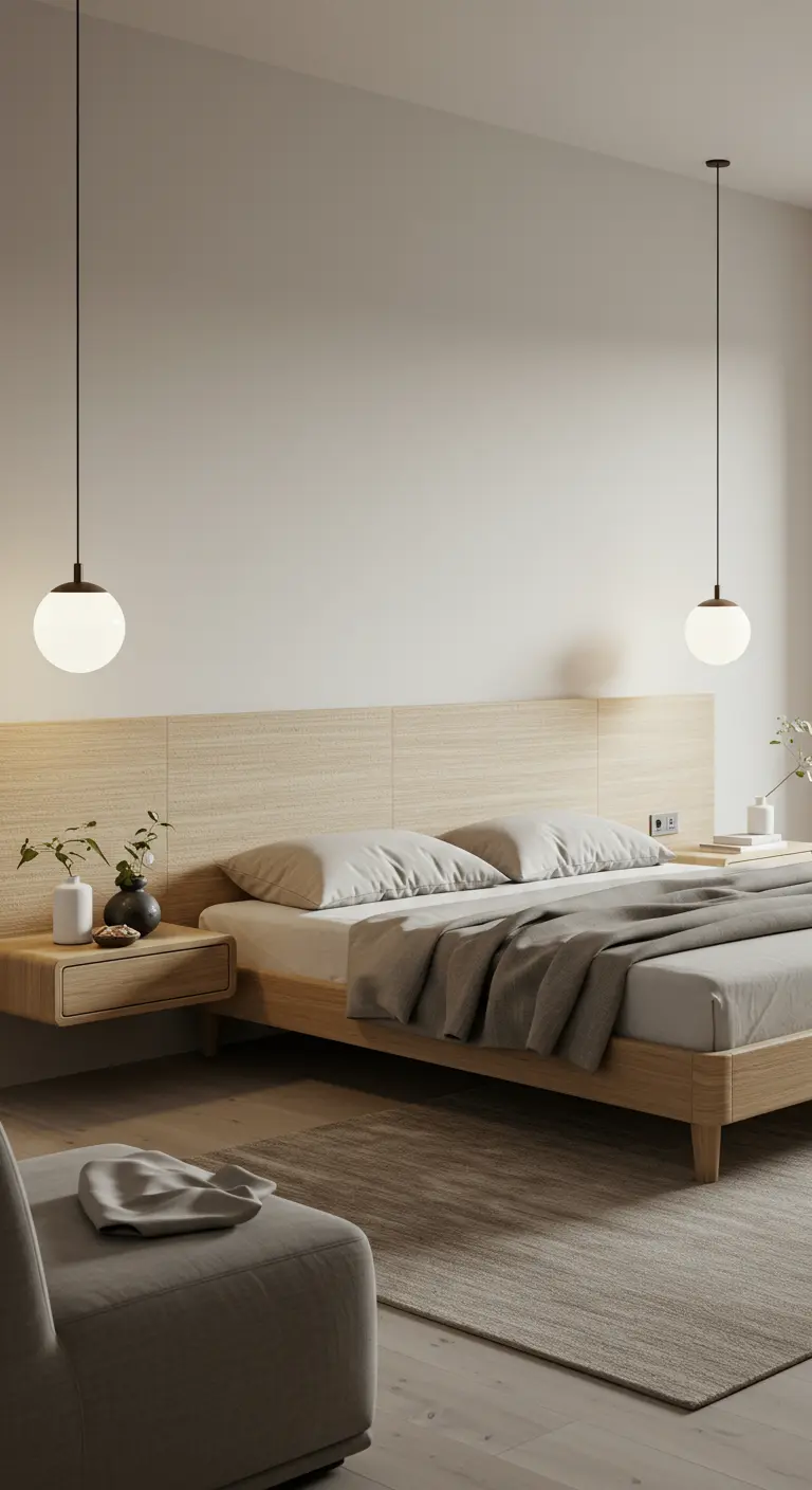 Minimalistisch licht houten bedframe met een breed, doorlopend houten wandpaneel als hoofdbord.