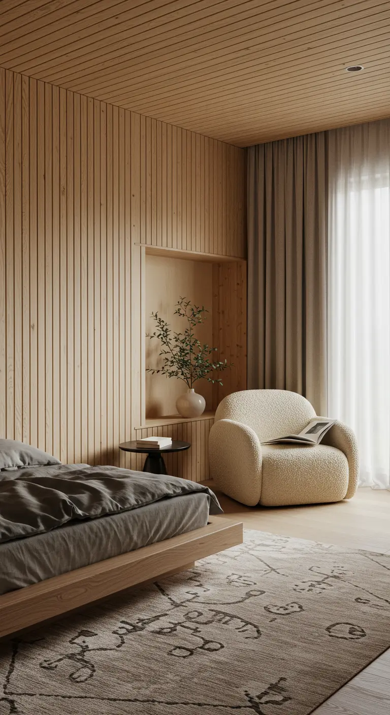 Slaapkamer met houten lattenwand, bouclé fauteuil en grafisch vloerkleed.