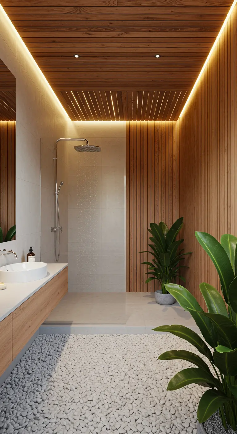 Badkamer met houten lattenplafond en verborgen verlichting.