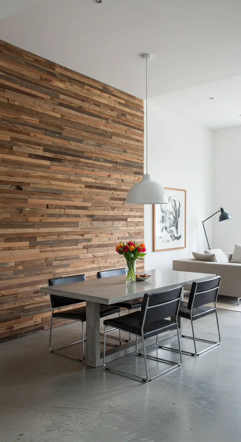 Eethoek met een accentmuur van horizontale houten latten, betonnen tafel.