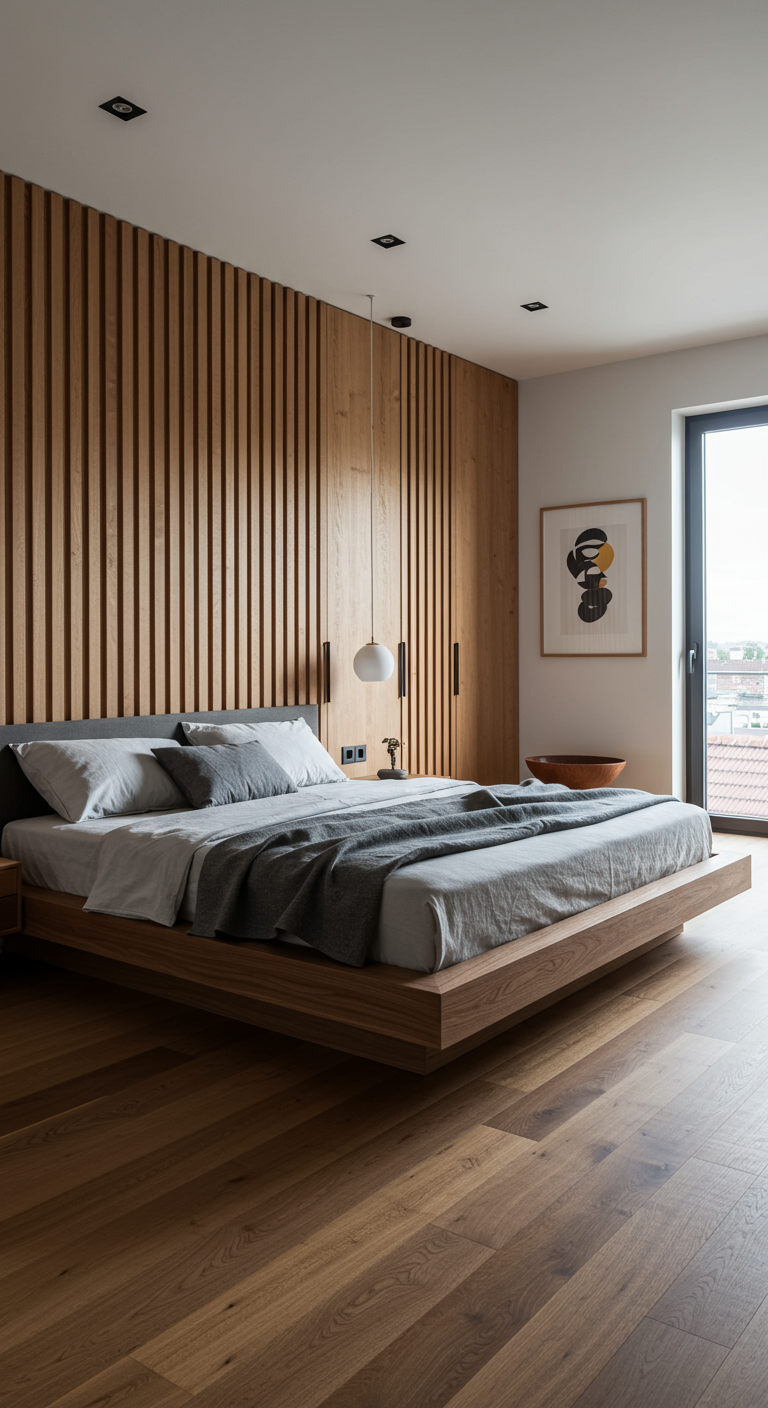 Moderne slaapkamer met houten lattenwand achter het bed, zwevend bed en minimalistische inrichting.