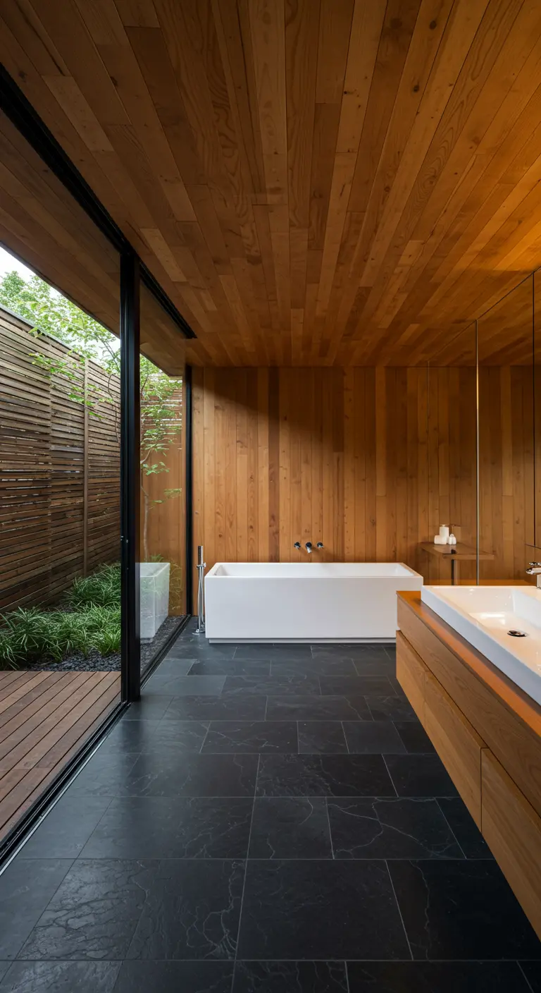 Badkamer volledig bekleed met hout, met grote glazen pui naar buiten.
