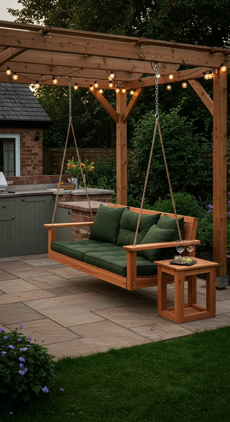 Houten schommelbank met donkergroene kussens onder een pergola met lichtslingers.