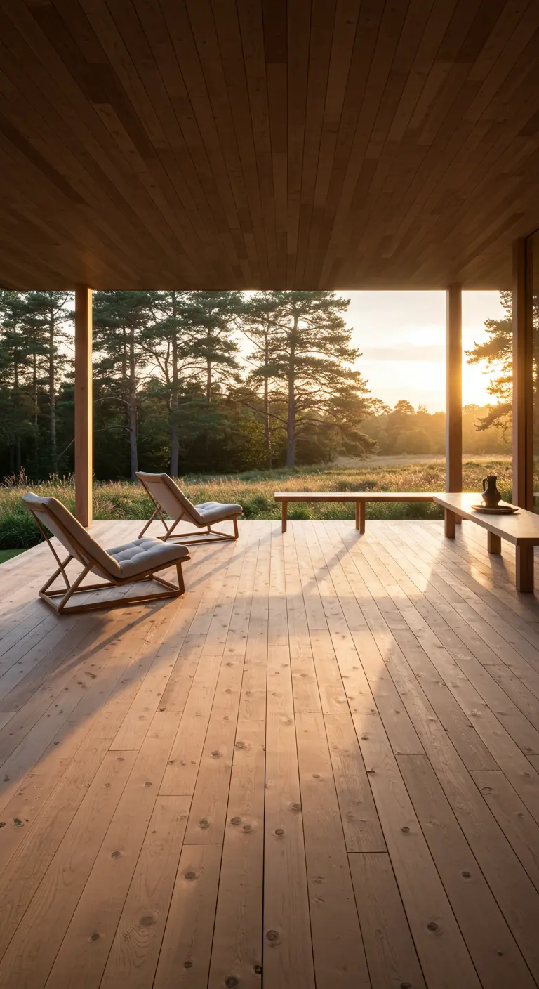 Twee houten ligstoelen met grijze kussens op een houten vlonder terras met uitzicht op een bos bij zonsondergang.