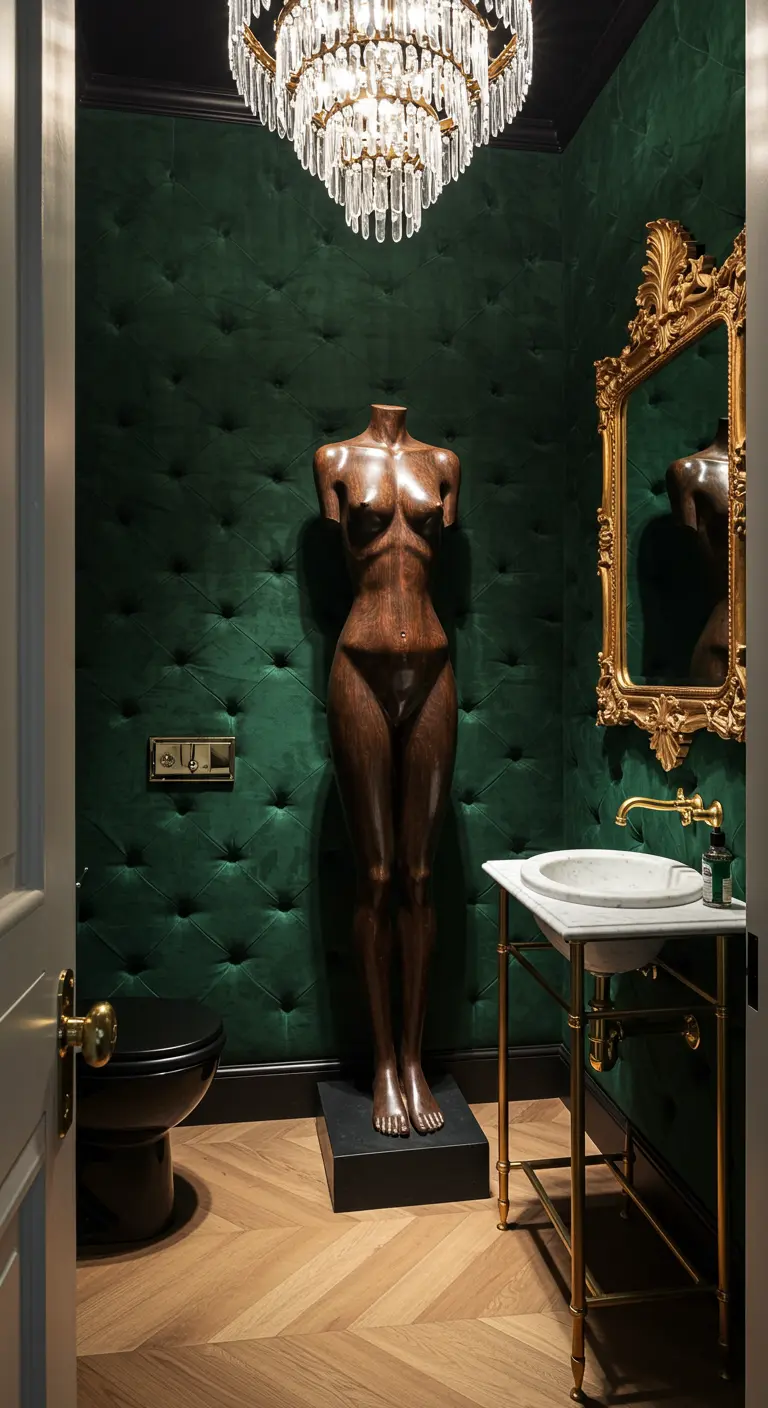 Donkergroene badkamer met een levensgroot donkerhouten vrouwelijk sculptuur en gouden spiegel.