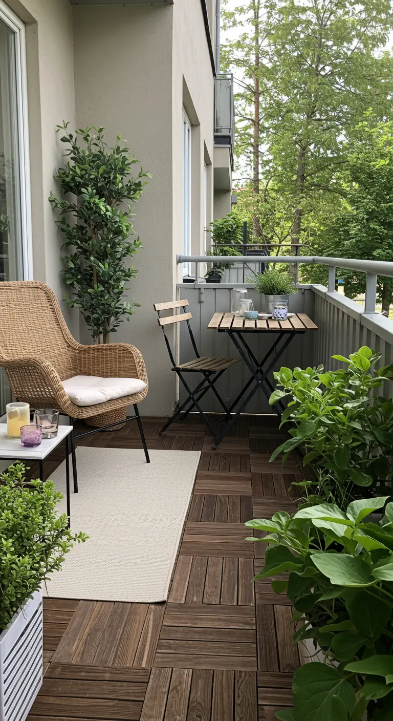 Balkon met houten tegelvloer, rotan loungestoel en een kleine eethoek.