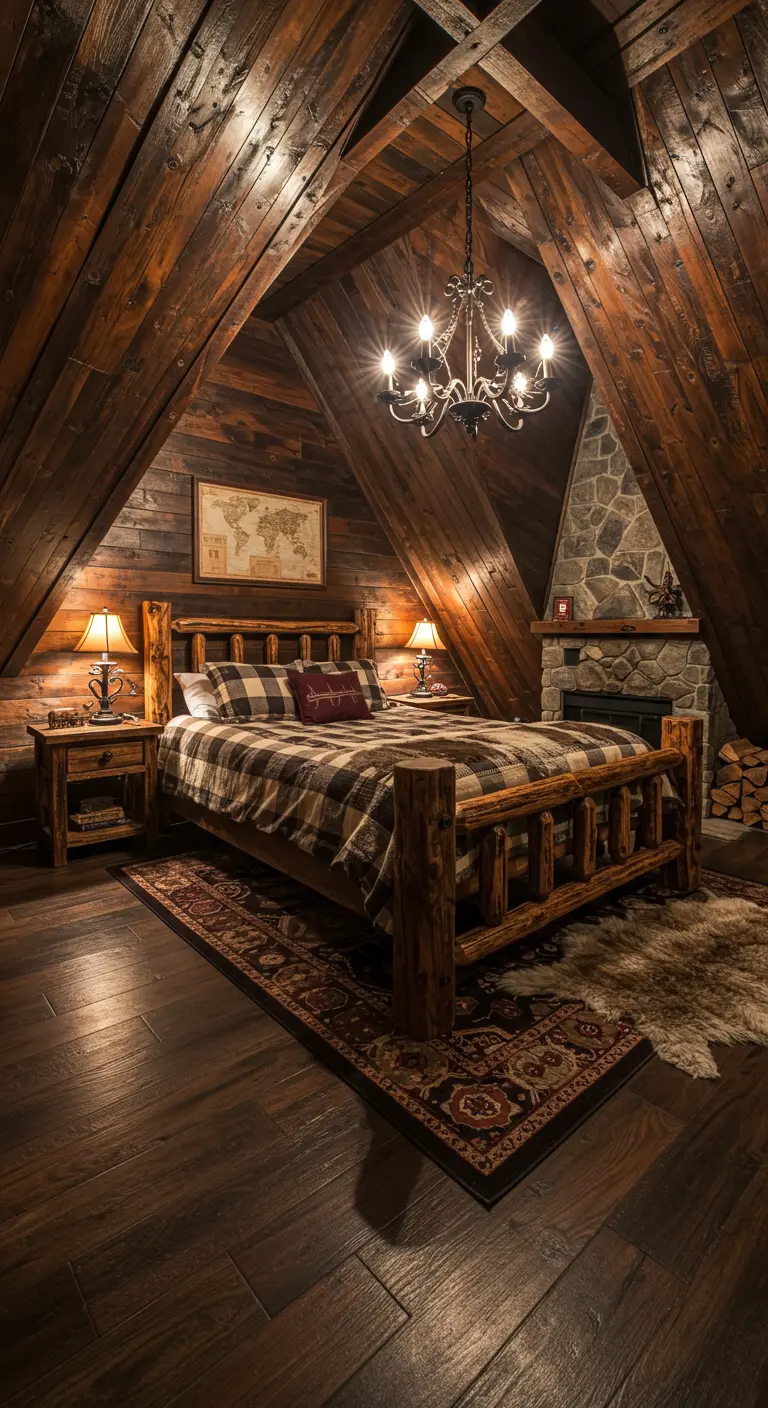 Rustieke zolderslaapkamer met donkerhouten wanden, bed en stenen haard.