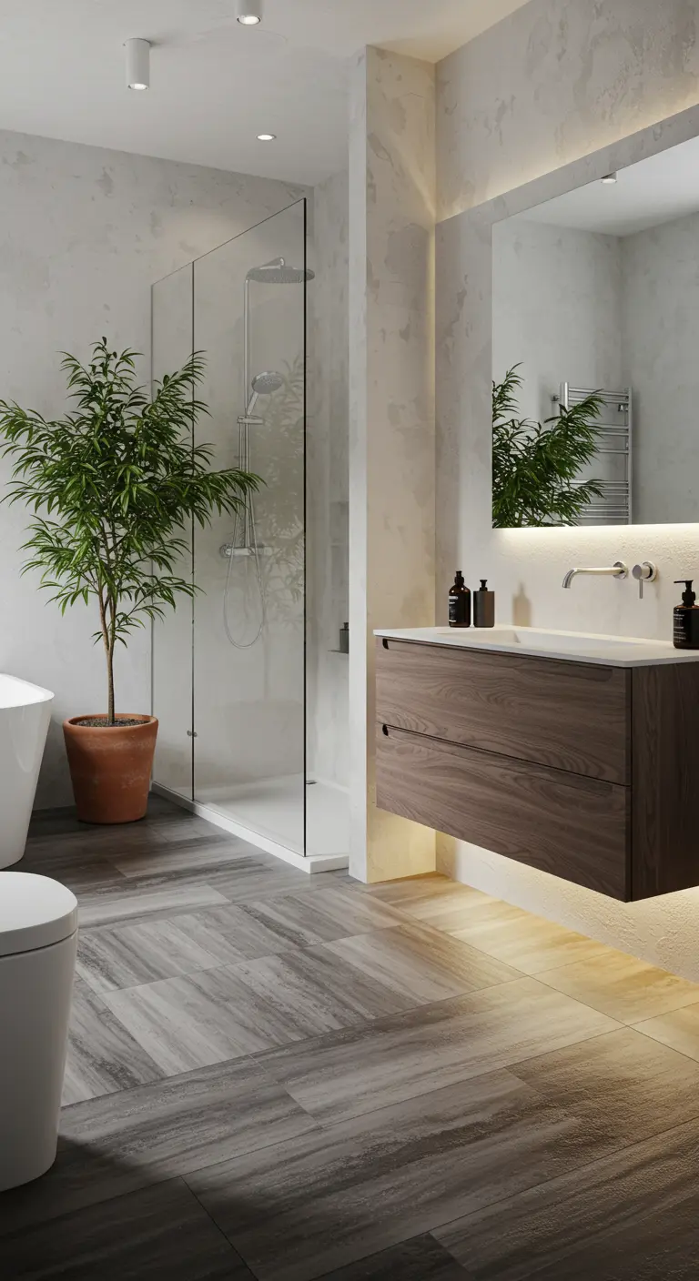 Badkamer met donkere houtlook vloertegels en een grote groene plant.