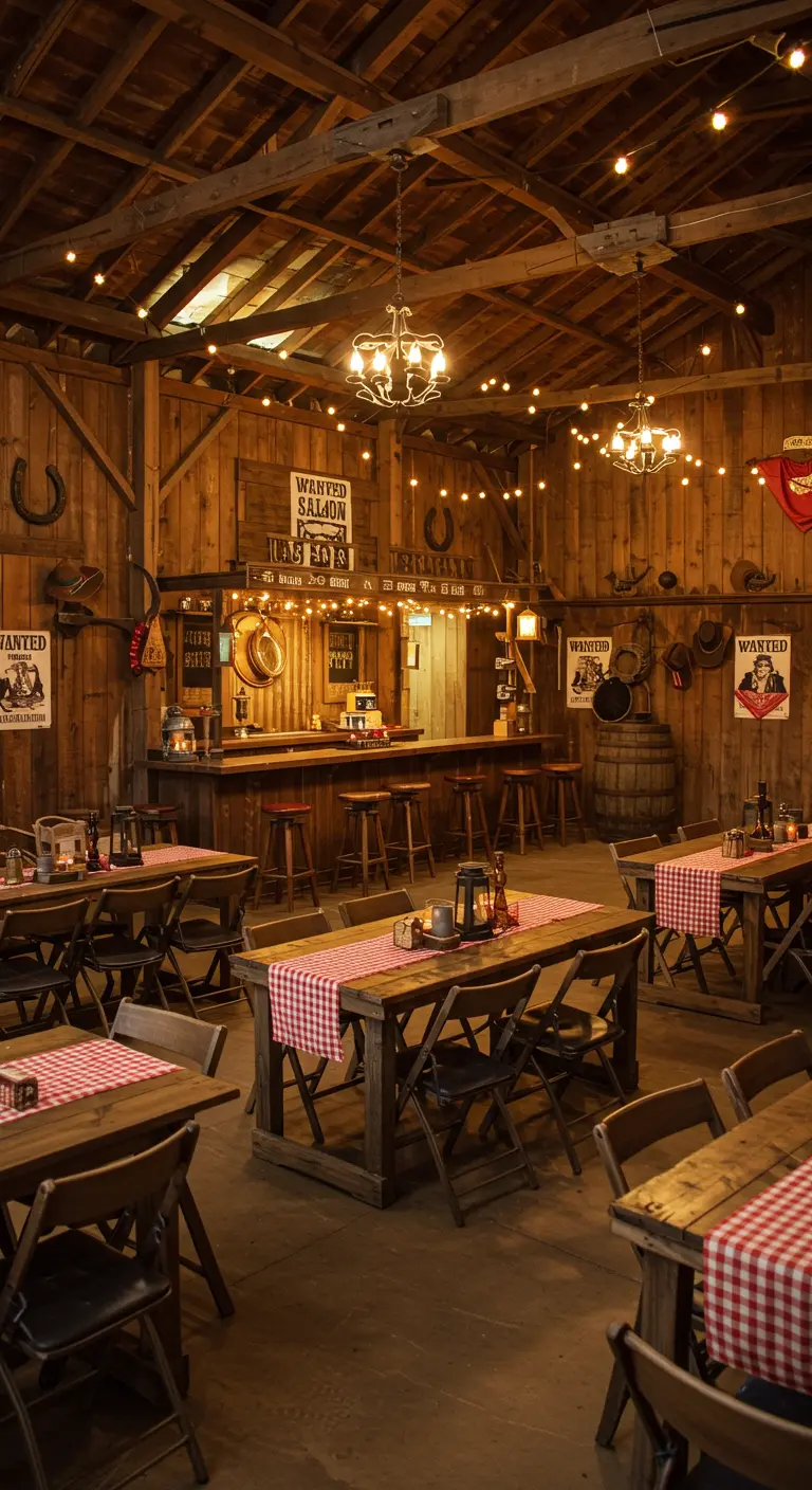 Wild West saloon verjaardagsfeest met houten bar en lantaarns.