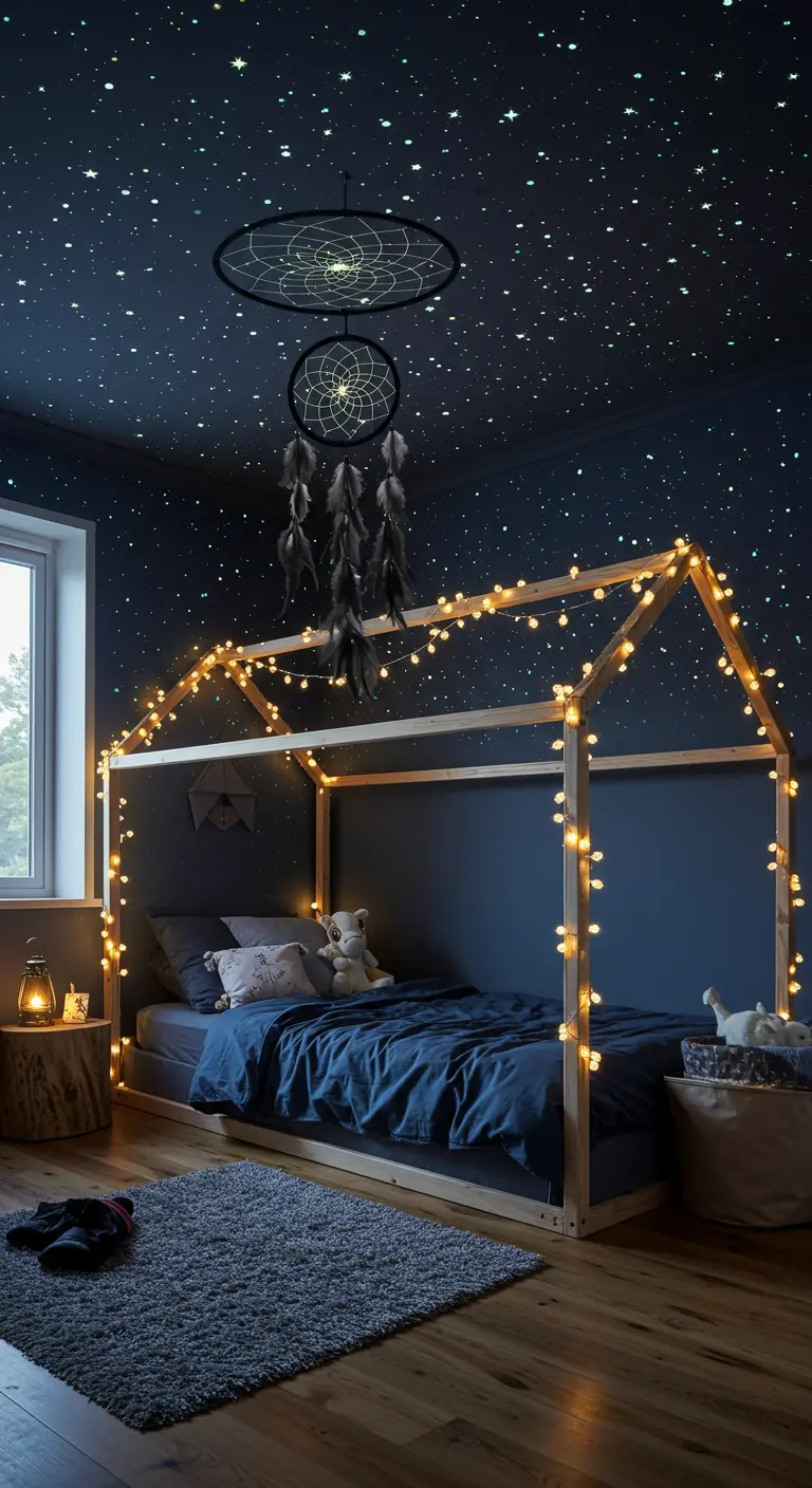 Kinderkamer met houten huisbed, sterrenplafond, dromenvangers en feestverlichting.