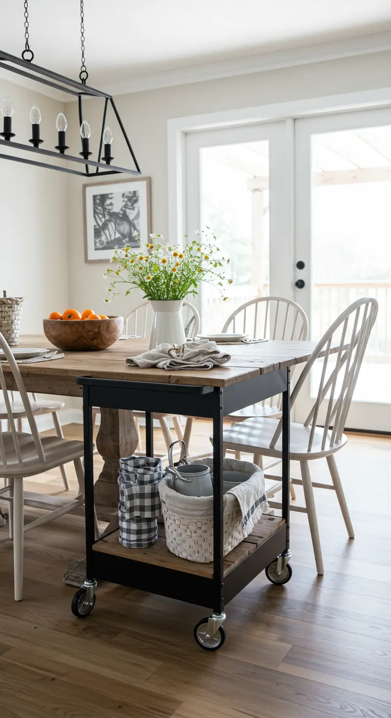 Zwart-houten keukentrolley naast een eettafel, met bloemen en manden voor extra serveerruimte.